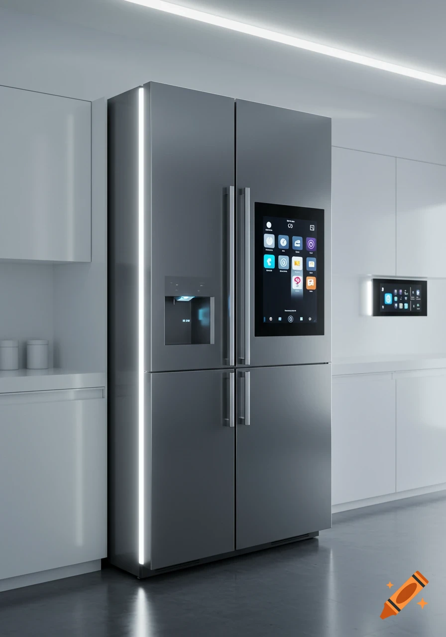 A sleek, stainless steel smart refrigerator with an interactive touchscreen and glowing vertical light in a modern white kitchen.