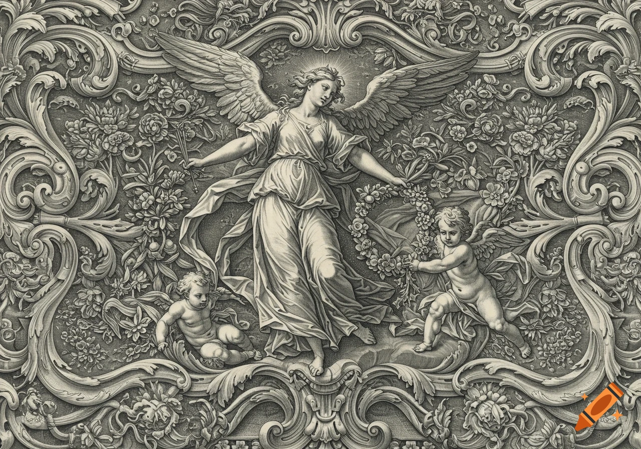 Monochrome, highly detailed baroque woodcut of a winged angel holding a scepter and wreath, flanked by two cherubs amidst floral designs.