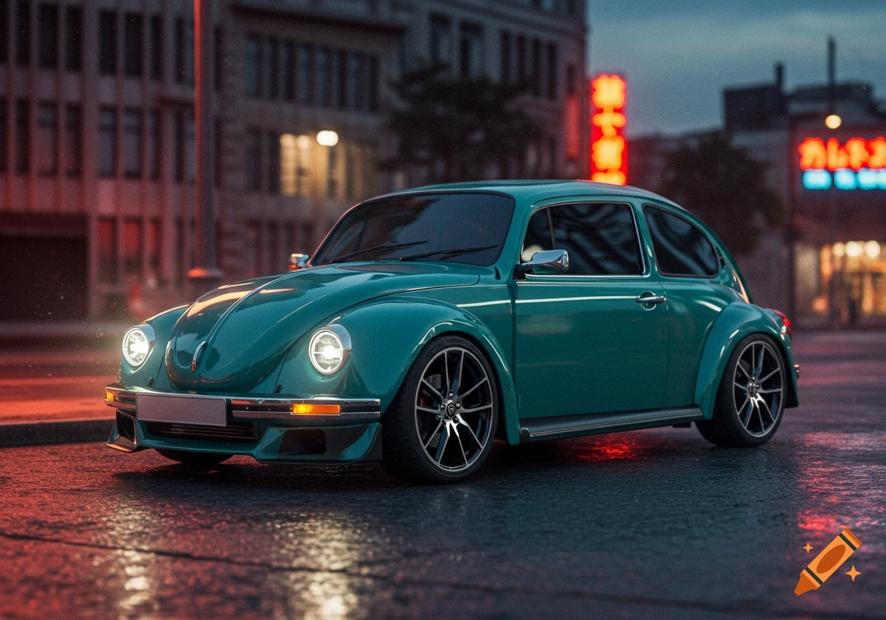 A teal modified Volkswagen Beetle parked on a wet city street at dusk, with glowing headlights and neon signs reflecting on the pavement.