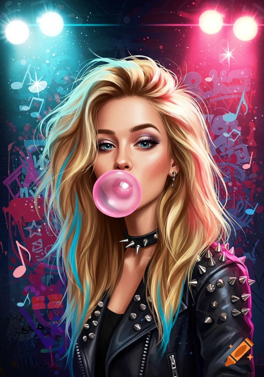 Graphic art portrait of a blonde rock girl with blue hair streaks, studded jacket, blowing pink bubble gum, against a vibrant, neon-lit, graffiti background.