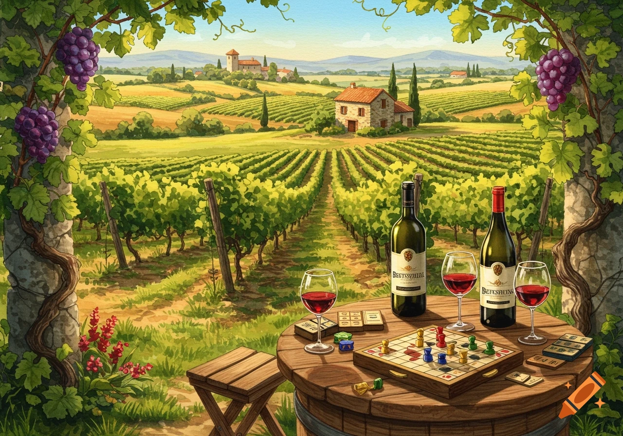 Watercolor vineyard scene with two wine bottles, glasses of red wine, and a board game on a barrel table in the foreground.