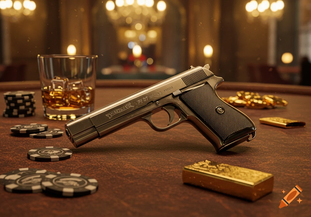 A detailed shot of a silver pistol, poker chips, a glass of whiskey, and gold bars on a brown leather table in a luxurious, dimly lit room.