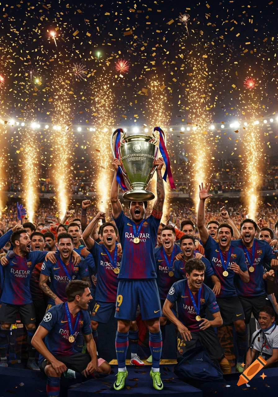 Soccer players in blue and red jerseys celebrate with a large silver trophy under falling gold confetti and fireworks in a stadium.