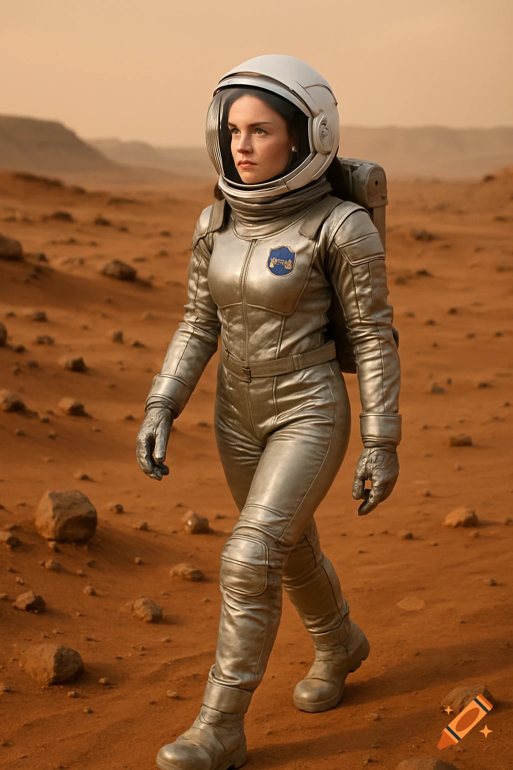 A female astronaut in a silver spacesuit and white helmet walks on the rocky, reddish surface of Mars.