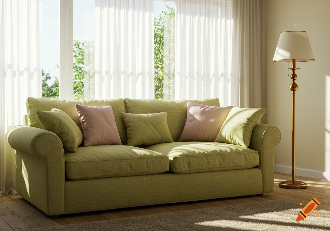 A sunlit living room featuring a green couch with pink and green pillows, a golden floor lamp, and white sheer curtains over a large window.