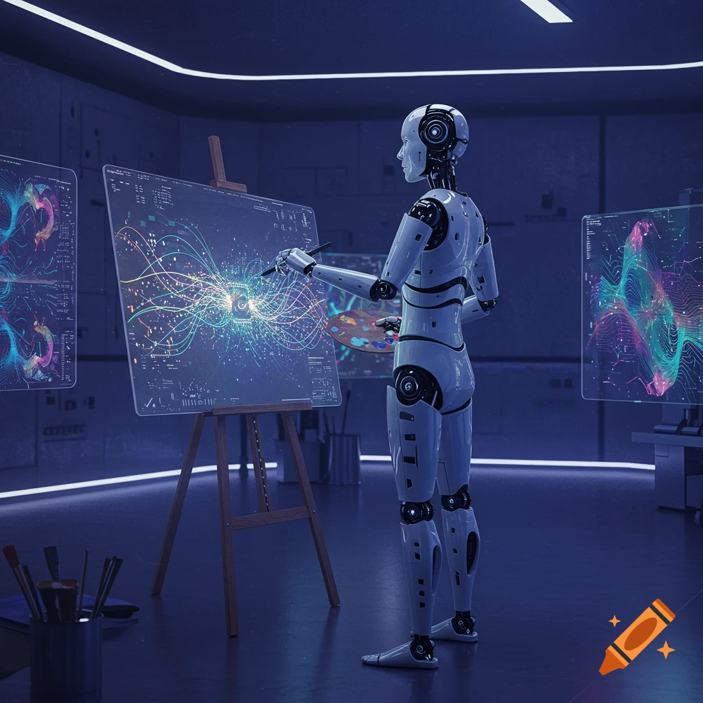 A white robot uses a paintbrush on a transparent easel displaying colorful glowing lines, with other futuristic screens in a blue-lit room.