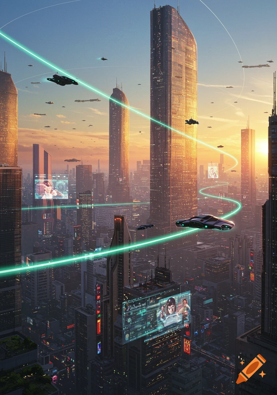 A vibrant futuristic cityscape at sunset, with tall skyscrapers, numerous flying cars, glowing green energy trails, and holographic advertisements.