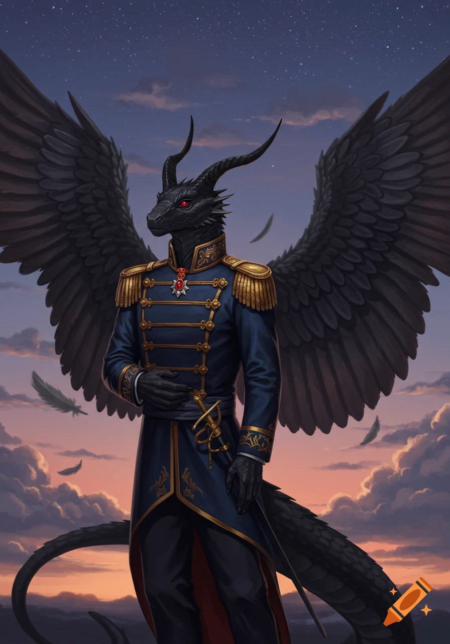 A black scaled humanoid reptilian with red eyes, horns, and large feathered wings stands in a blue and gold military uniform against a sunset sky with clouds and stars.