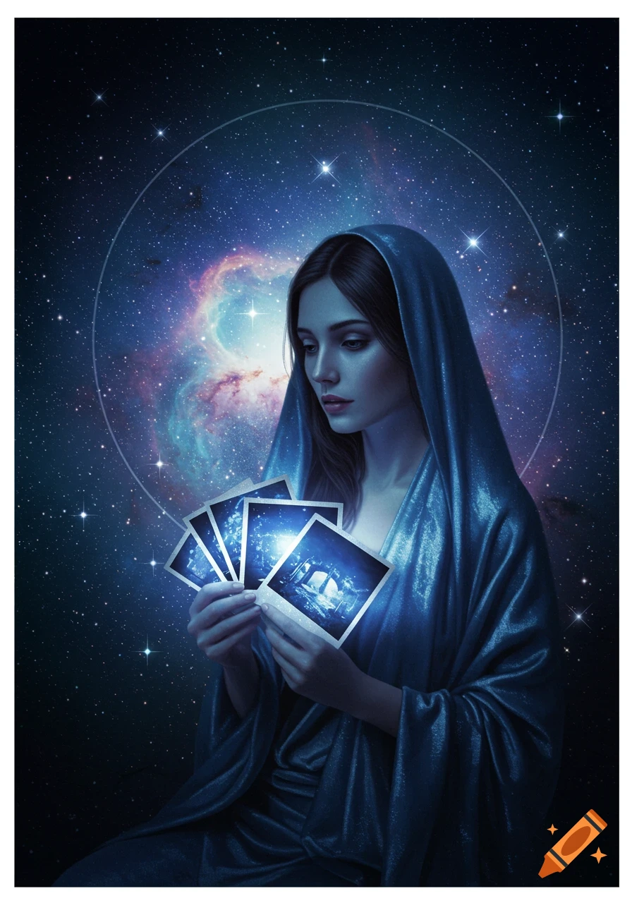 A woman in a hooded blue robe looks down at several glowing cosmic cards she holds, set against a dark starry sky with a bright nebula.