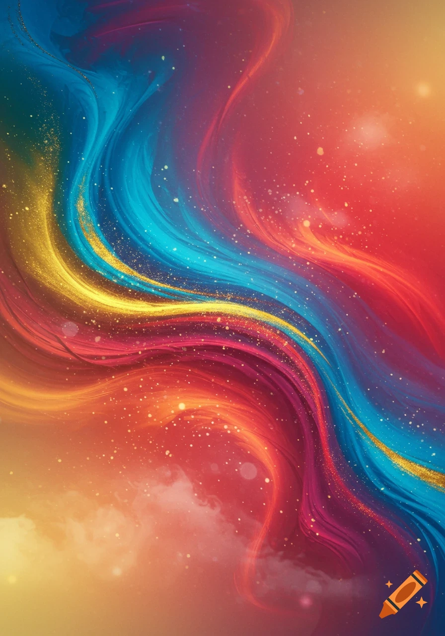 Abstract swirling lines of blue, yellow, red, and pink with sparkling glitter on a warm gradient background.
