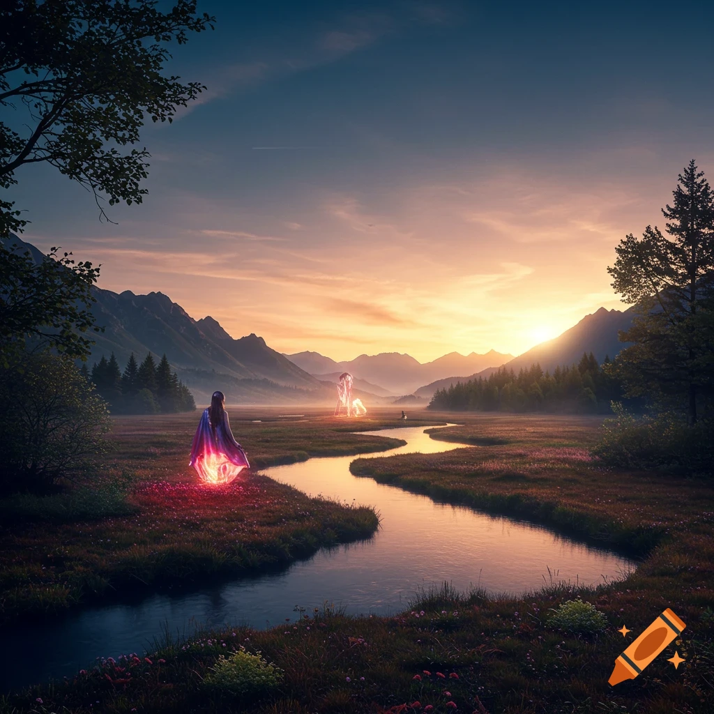 Photorealistic fantasy landscape at sunrise/sunset with a winding river, mountains, and two glowing ethereal figures in a grassy field.