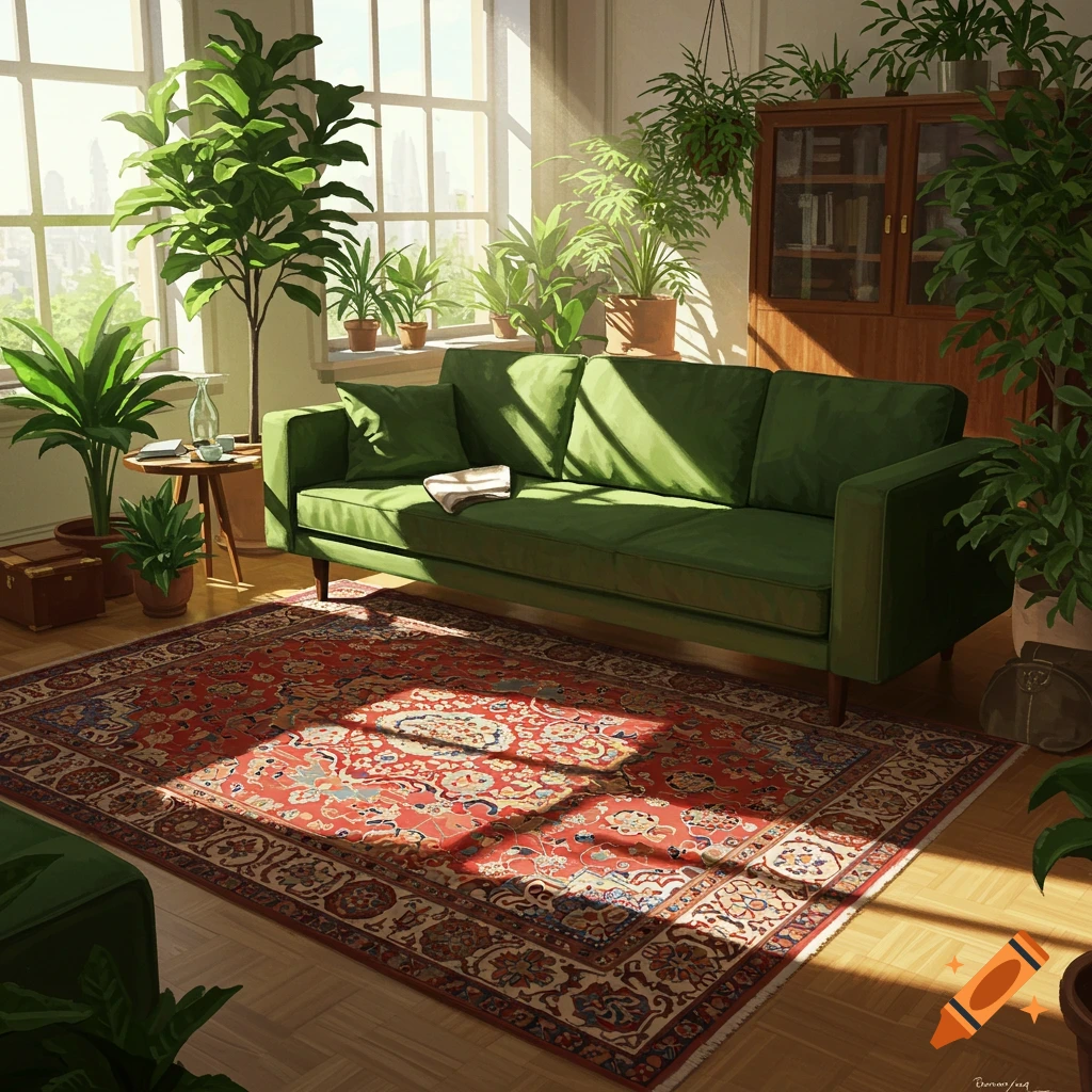 A sunlit living room with a green sofa, a red Persian rug, and many potted plants by a large window.