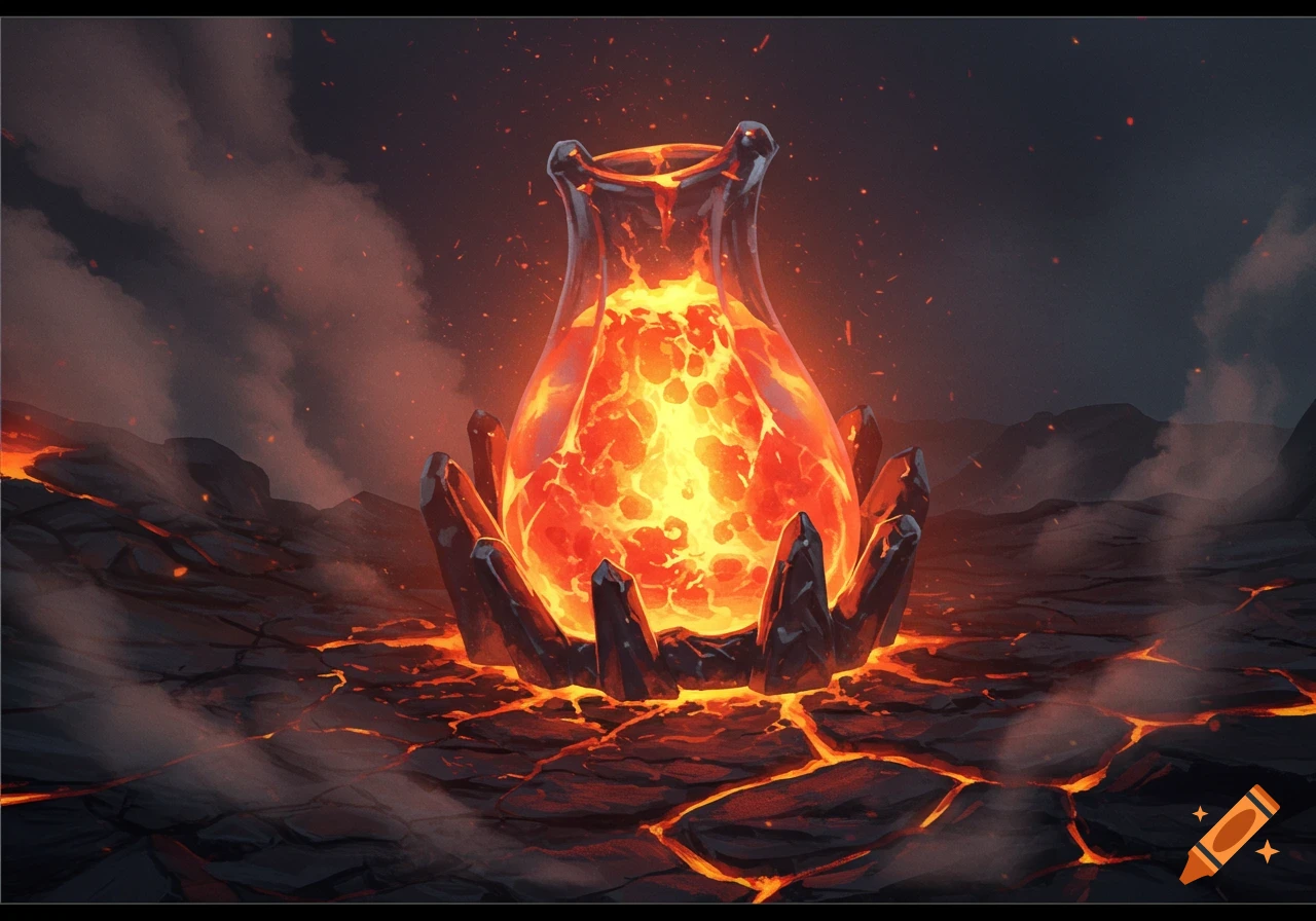A glowing glass vase filled with molten lava, held by rock hands, in a desolate volcanic landscape with cracked earth and smoke.
