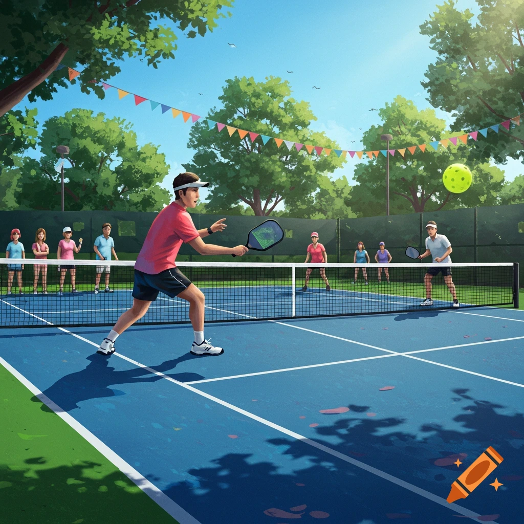 An illustrative image of a pickleball tournament on a blue court with green surroundings and colorful flags.