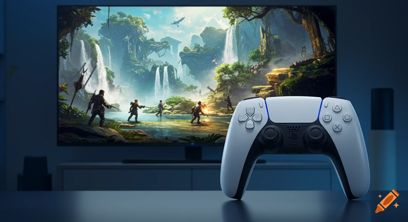 A white PlayStation 5 controller on a table, with a TV in the background displaying a fantasy video game with waterfalls and characters.