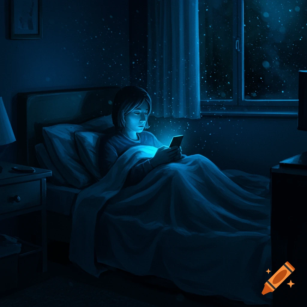 A person is in bed in a dark room, looking at a phone that illuminates their face with a blue glow. Outside the window, a snowy night.