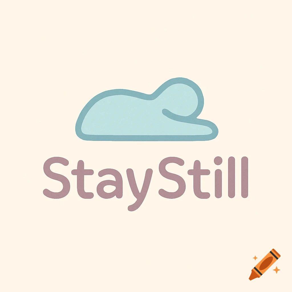 A minimalist logo featuring a light blue abstract, cloud-like shape above the text "StayStill" in soft purple on a cream background.