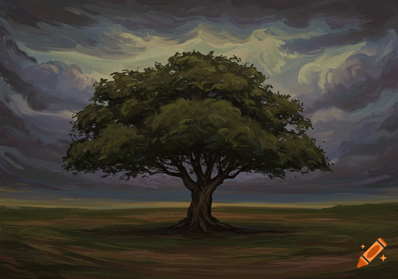 A painting of a large tree with a dense canopy standing alone in a vast, dark field under a swirling, moody sky, in the style of Edward Munch.