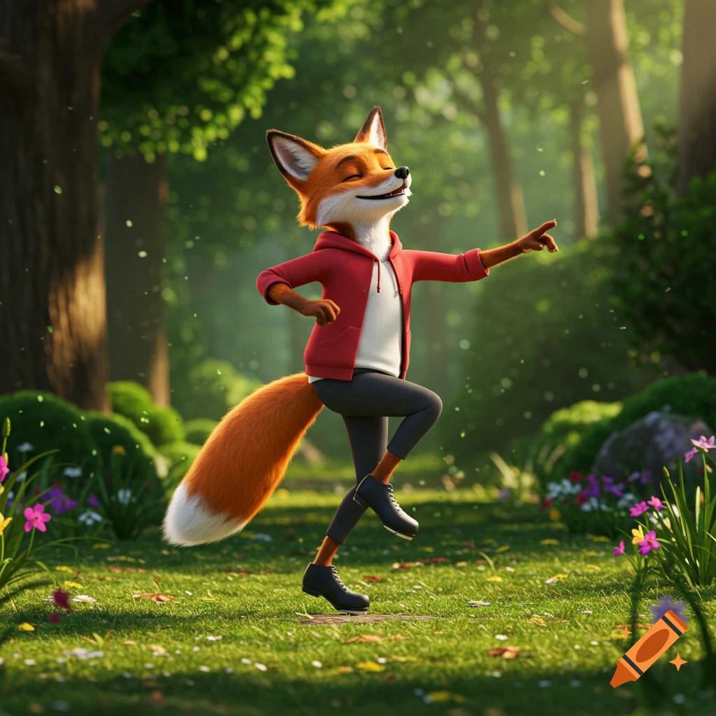 A happy cartoon fox in a red hoodie and black pants tap dancing in a sunny forest.
