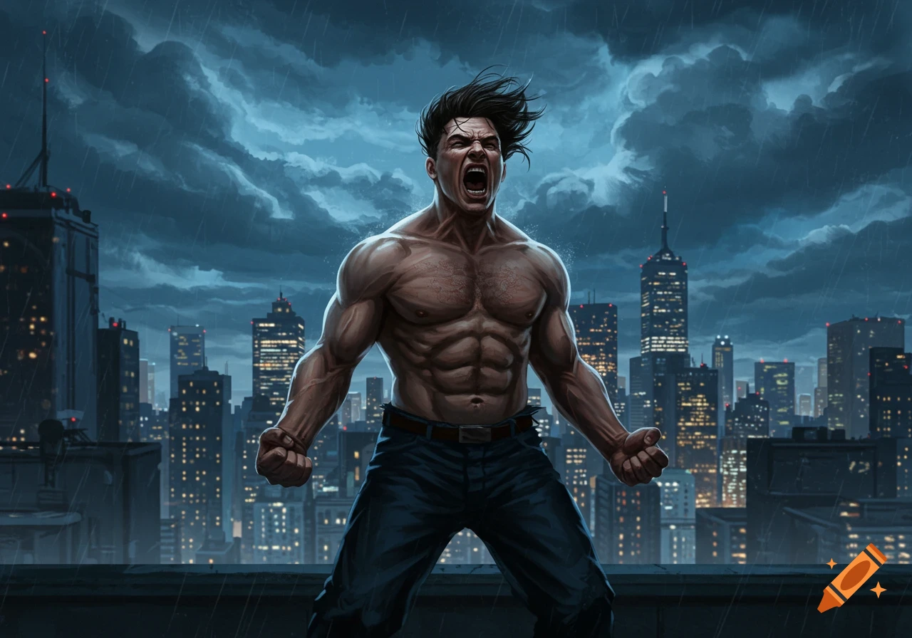 Muscular man in jeans shouting on a rainy city rooftop at night in a comic art style.