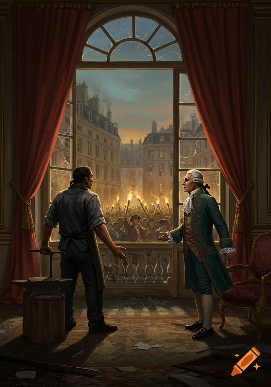 A man in common clothes points from a grand, shattered room towards a torch-wielding revolutionary crowd outside, as a noble in 18th-century attire stands by.
