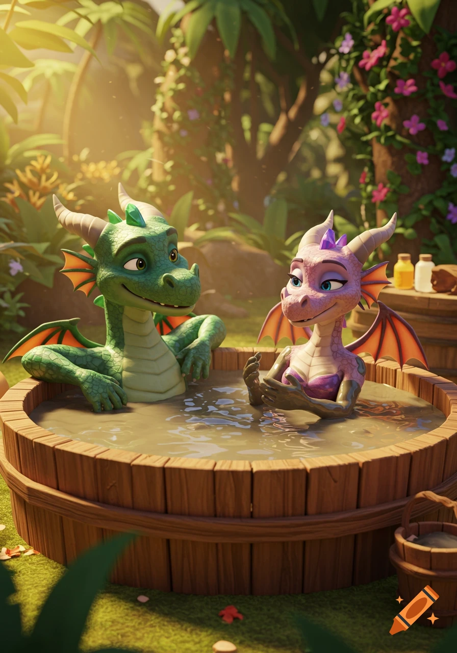 A green male and pink female cartoon dragon happily relax in a muddy hot tub set in a lush jungle environment, 3D animated style.