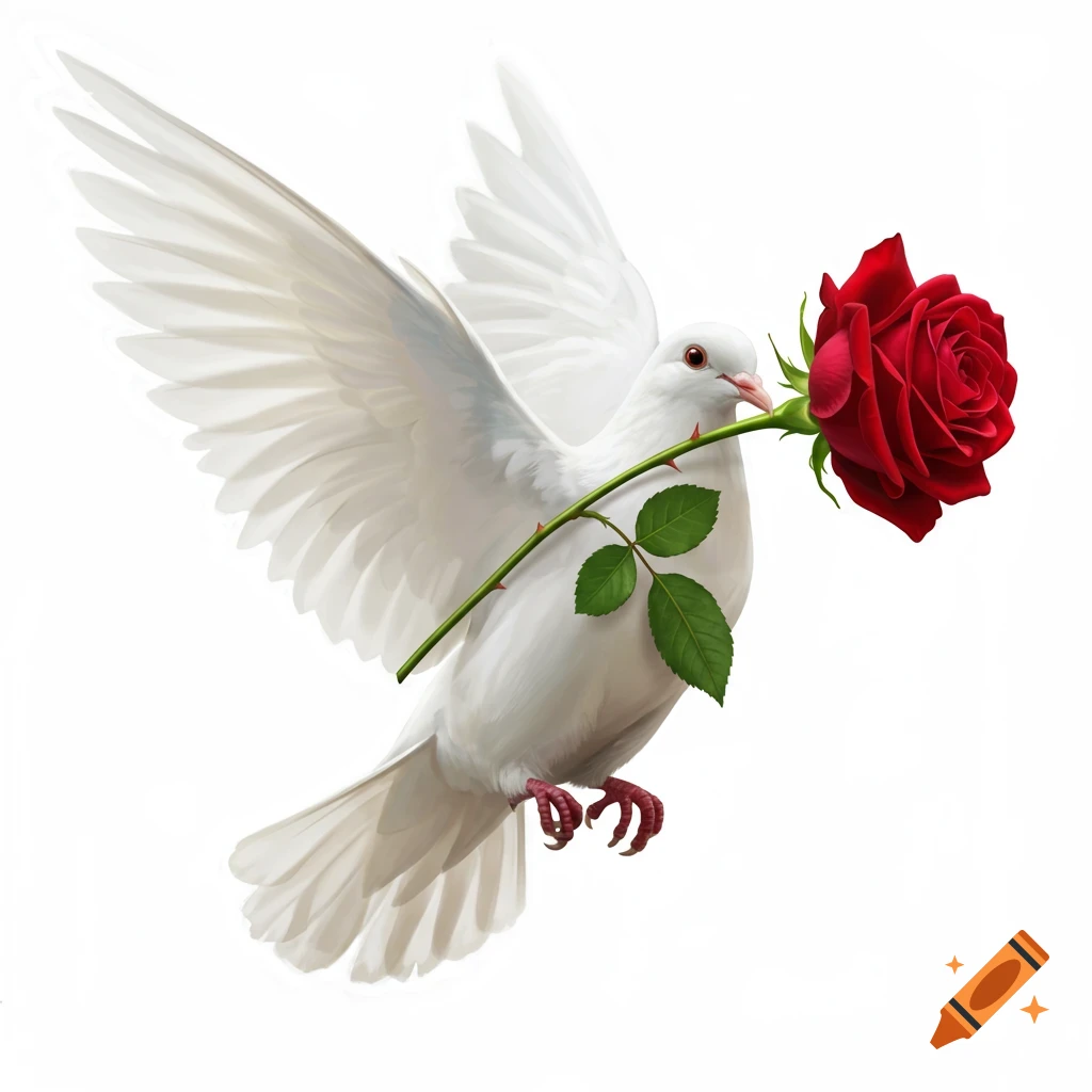 A white dove flying with outstretched wings, holding a single red rose in its beak against a white background.