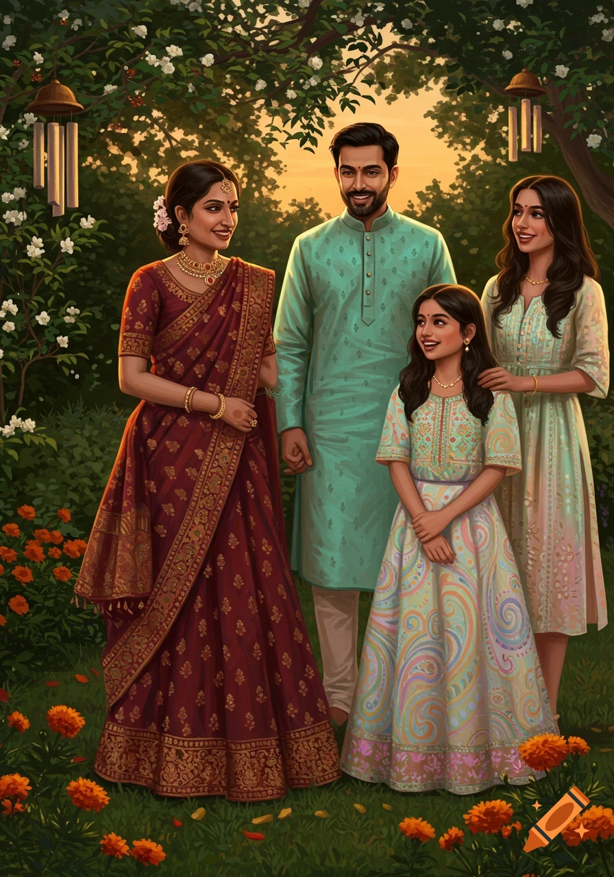 A vibrant illustration of an Indian family in traditional attire, standing in a lush garden with flowers under a sunset sky.