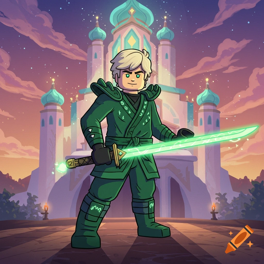 A cartoon illustration of Lloyd from Ninjago in a green ninja suit with glowing runes, holding a glowing green energy sword in front of a colorful palace at sunset.