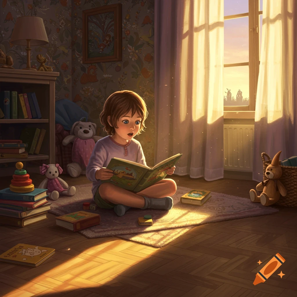 A child with short brown hair sits cross-legged on a rug, intently reading a storybook in a sunlit room filled with toys.