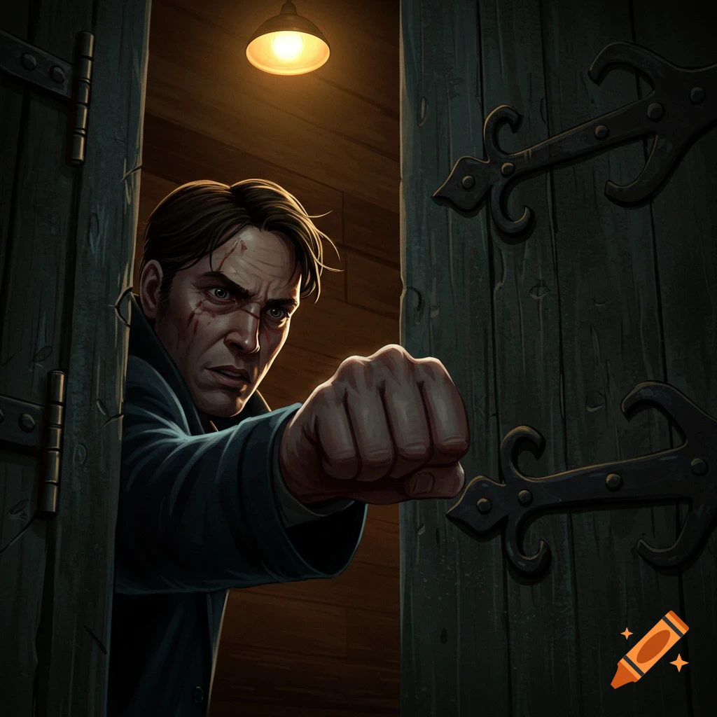 An illustrated man with a scarred face, wearing a dark coat, clenches his fist to bang on a dark wooden door under a dim light.