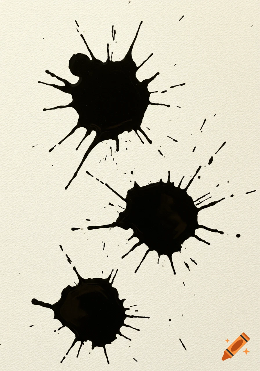 Three black ink splatters with radiating drips on a textured off-white paper background.