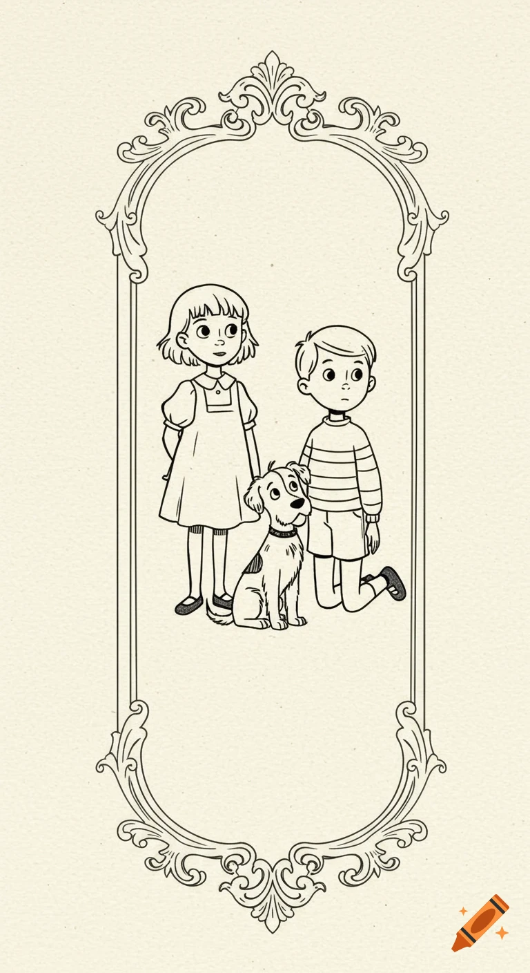Black and white line art illustration of a girl, a boy, and a dog standing inside an elegant decorative frame, on a textured background.