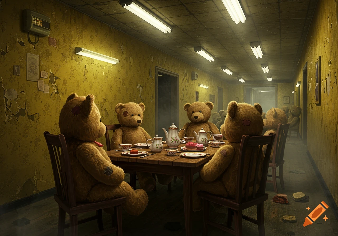 Surreal image of patched teddy bears having a tea party at a wooden table in a dimly lit, decaying backrooms hallway.