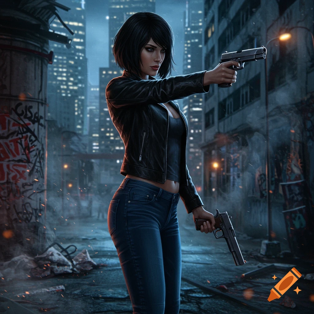 A woman in a black leather jacket and jeans holds two pistols in a gritty, dark city street at night, realistic style.