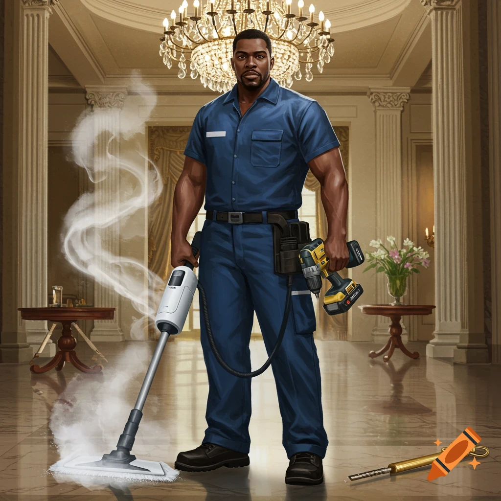 A muscular Black man in a blue uniform holds a steam mop and a drill in a lavish, gilded hall with a chandelier.