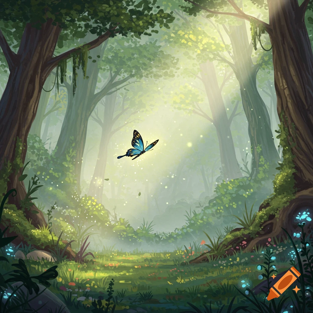 A whimsical, magical forest scene with sunlight filtering through tall trees, a bright blue butterfly flying, and glowing flora on the forest floor.