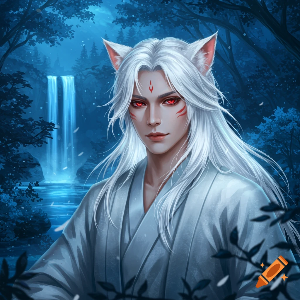 An anime-style male Neko with white hair, red eyes, and cat ears, wearing a white robe in a mystical forest with a waterfall.