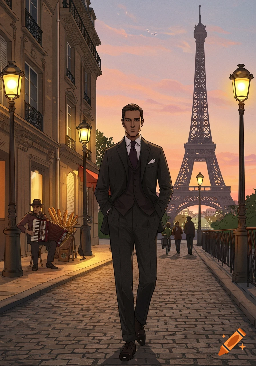 A stylish man walks on a cobblestone street in Paris at sunset, with the Eiffel Tower in the background, an accordion player to his left. Illustrated.