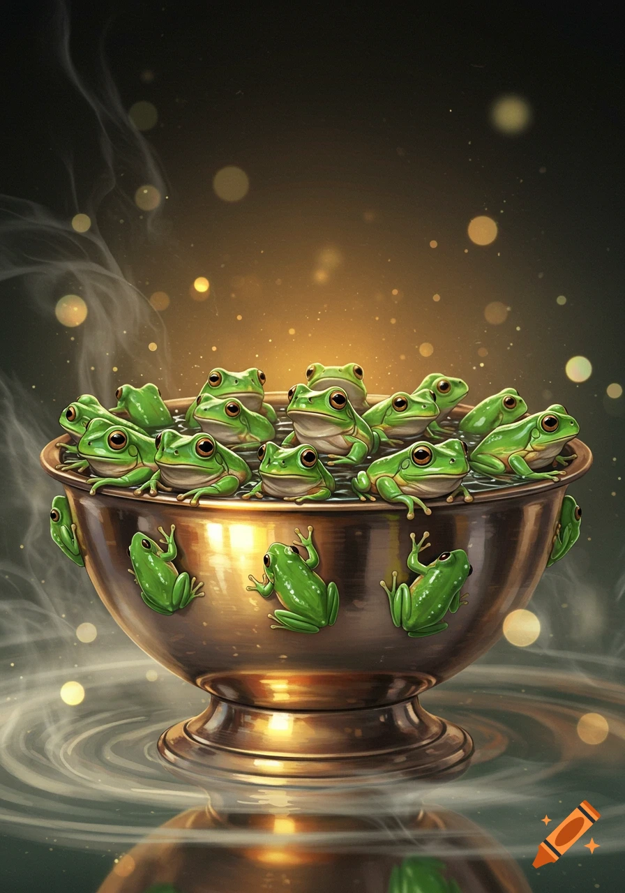Numerous green frogs fill and cling to a golden bowl surrounded by mystical mist and glowing particles.