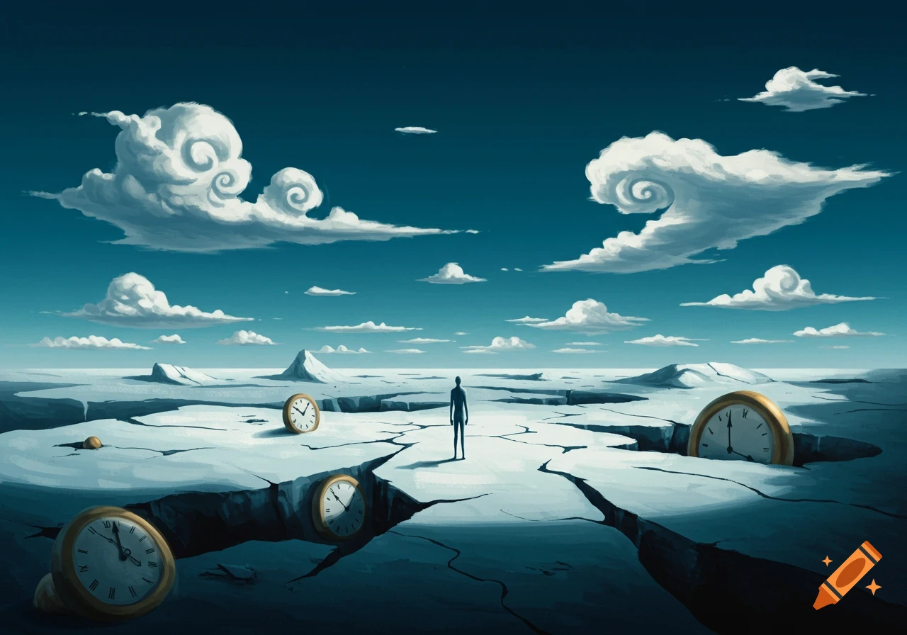A surreal, desolate landscape with a lone figure, swirling clouds, and clocks embedded in cracked ice.