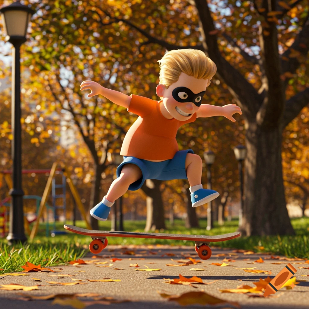 A 3D animated Dash from The Incredibles, wearing an orange shirt and blue shorts, skateboarding in an autumn park with fallen leaves.