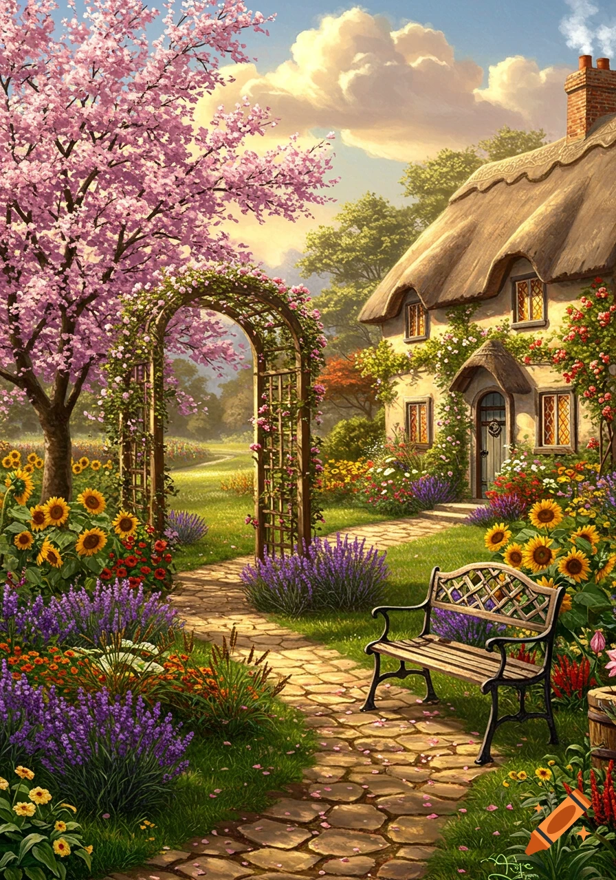 Digital painting of a vibrant cottage garden with a thatched-roof house, stone path, blooming trees, sunflowers, lavender, and a bench.