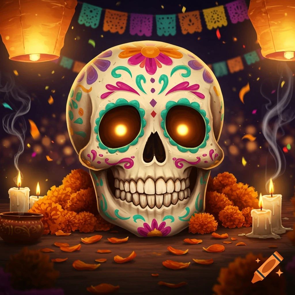 A vibrantly decorated sugar skull with glowing eyes sits on a table with marigold flowers, candles, and papel picado under glowing lanterns.