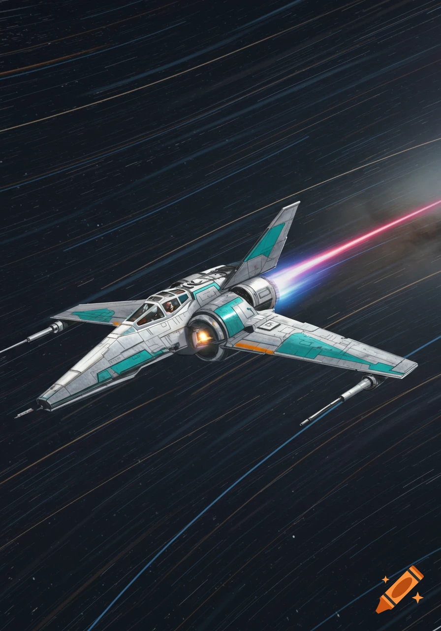 A grey and teal Star Wars A-Wing fighter with orange accents flies through space, leaving a red and blue exhaust trail.