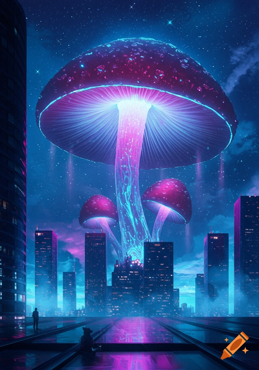A vibrant sci-fi cityscape at night, with towering skyscrapers overlooked by huge, glowing, bioluminescent purple and blue mushrooms. A lone figure stands on a rooftop.