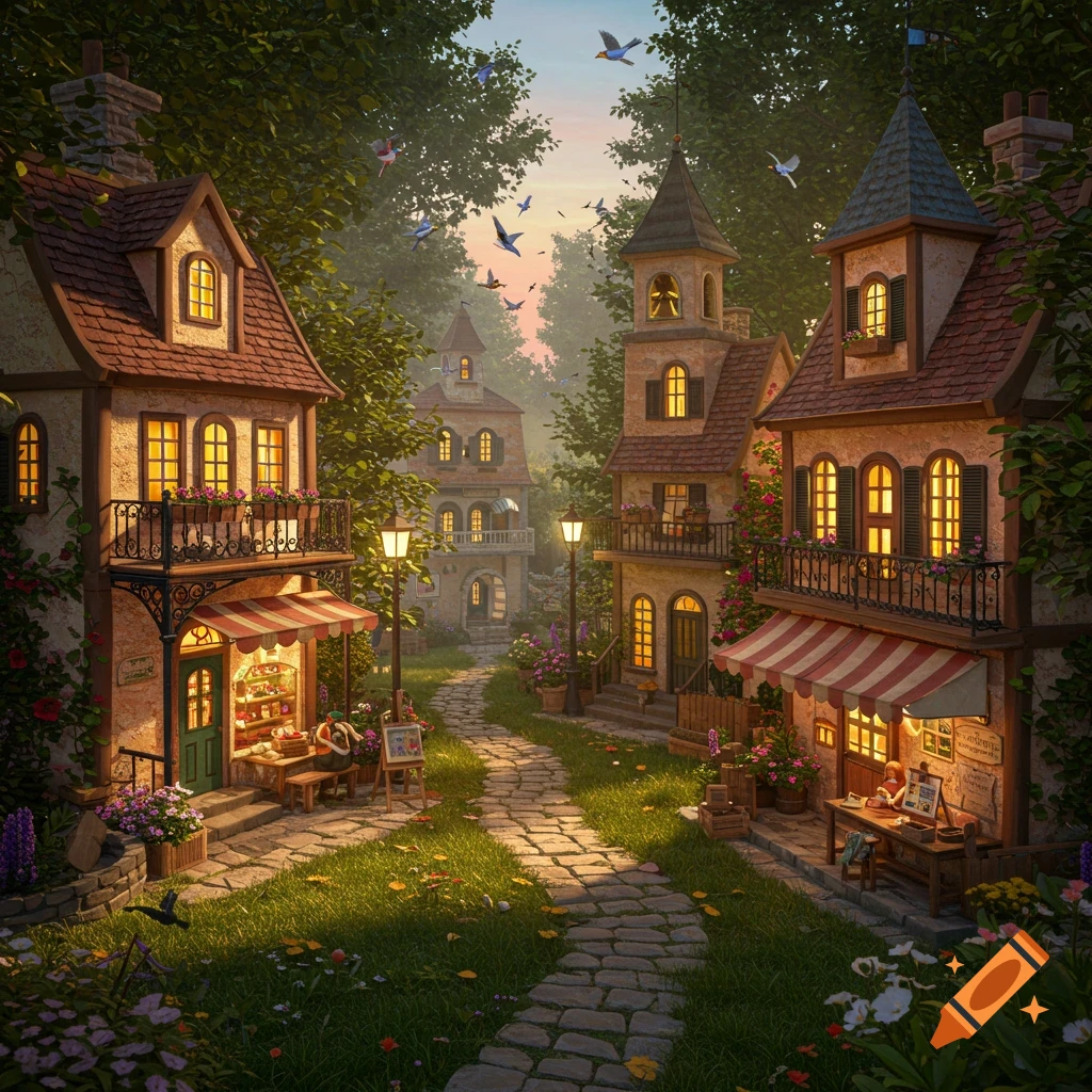 A whimsical miniature village scene with illuminated storybook-style houses, a cobblestone path, lush trees, and flying birds.