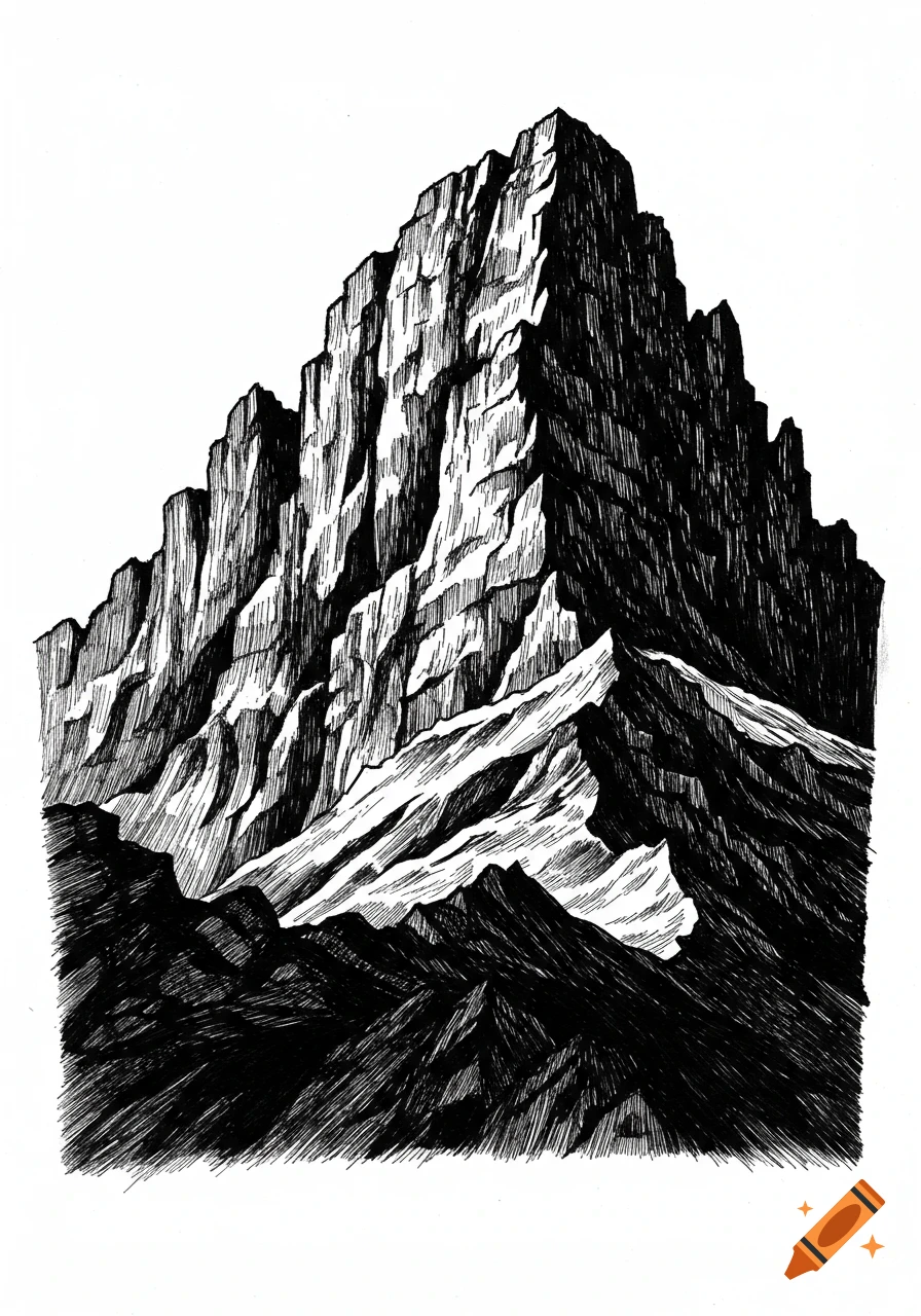 Black ink drawing of a rugged mountain with a textured face and snowy peaks, against a white background.