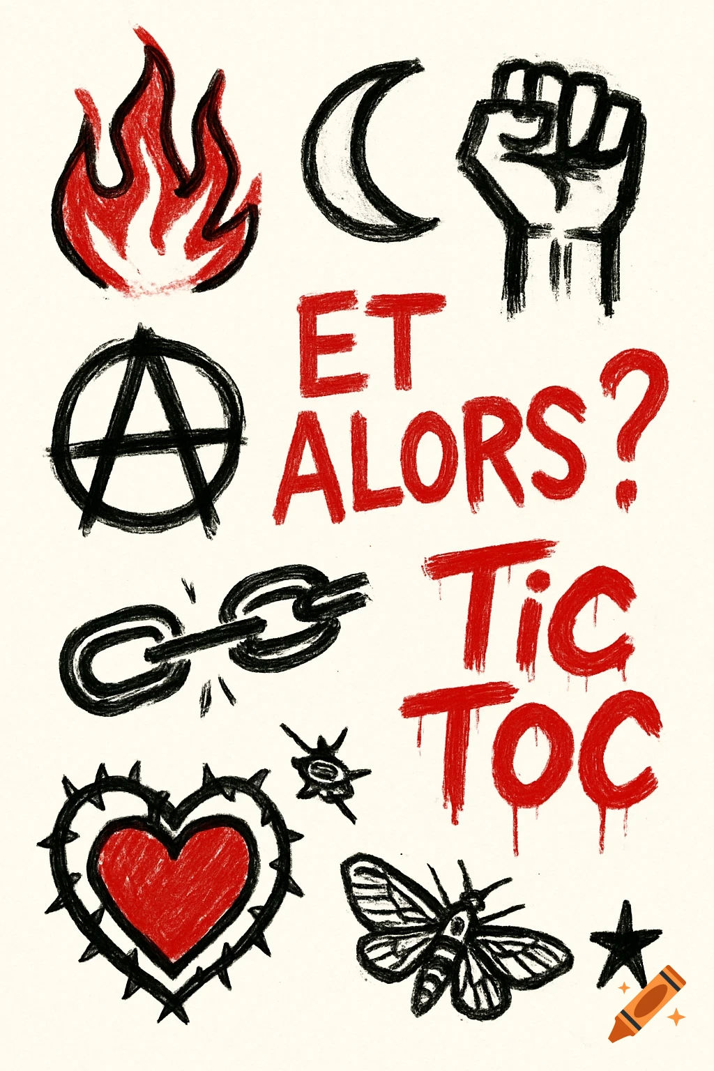 A collection of black and red crayon-drawn graffiti symbols, including a flame, moon, anarchy sign, raised fist, broken chain, moth, barbed heart, and text "ET ALORS?" and "Tic Toc" on a light background.