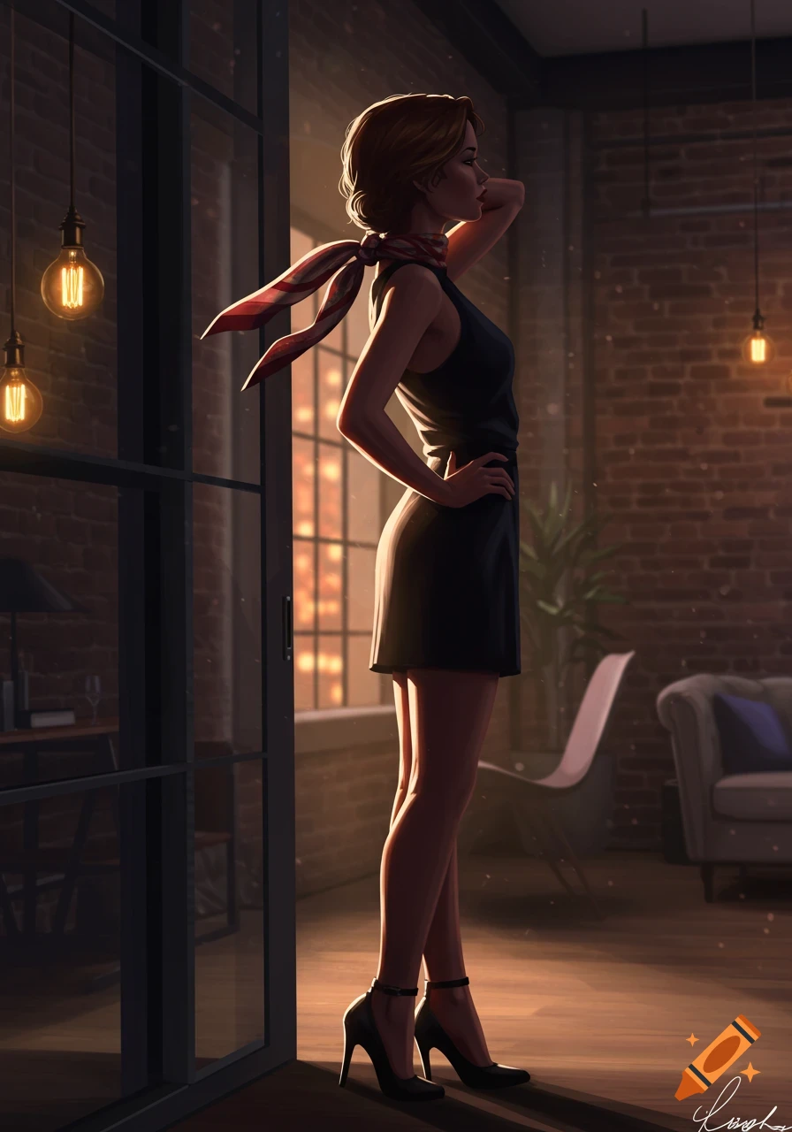 Stylized illustration of a woman in a black dress and heels, with a red scarf, posing sideways in a warmly lit loft.